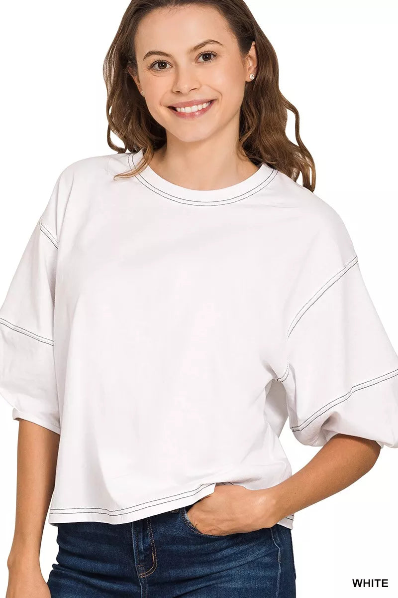 Zenana Balloon Sleeve Top with Contrast Stitching