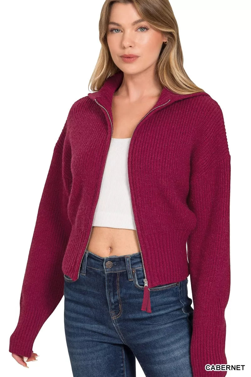 Zenana Ribbed Collared Zip Up Sweater Cardigan