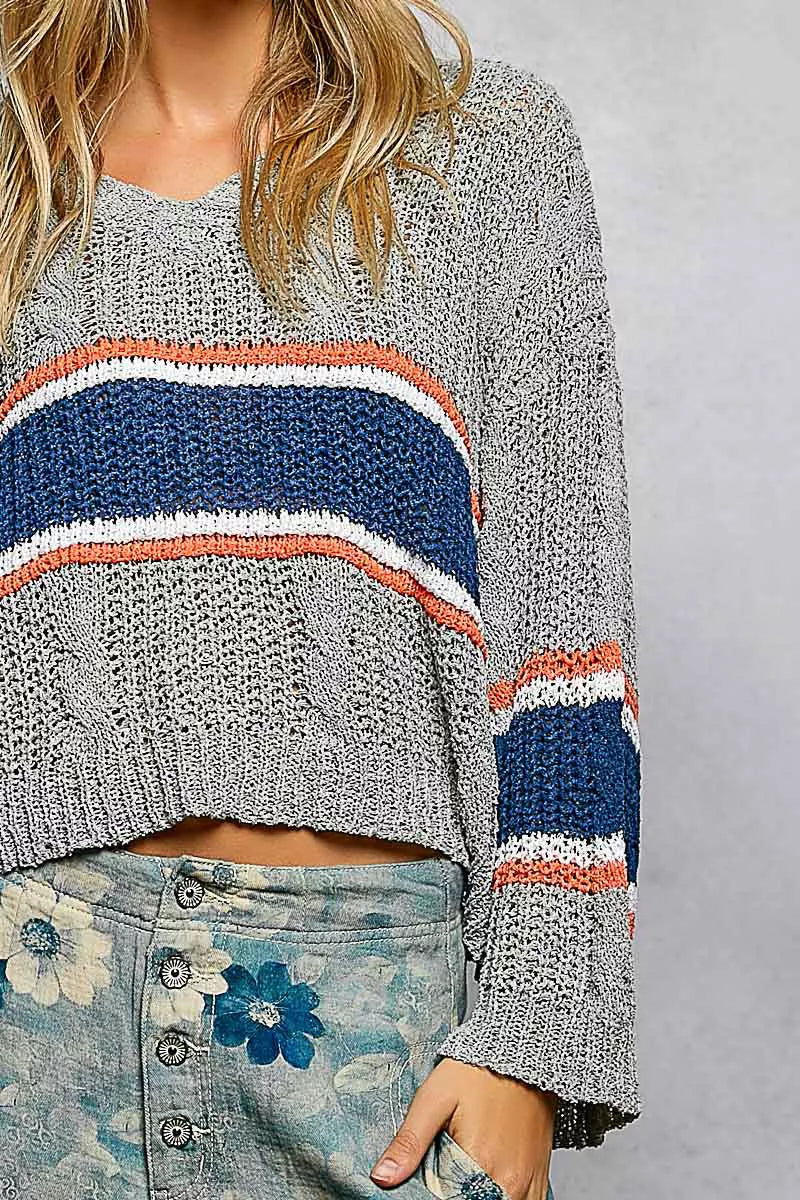 POL V-Neck Striped Pattern Cropped Knit Top with Cable Knit Detail