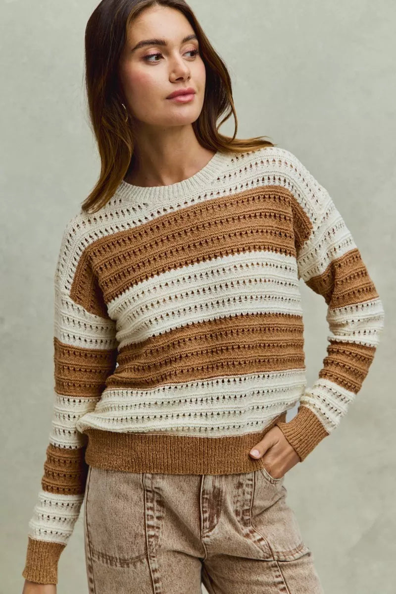 SO ME Openwork Round Neck Wide Stripe Textured Sweater
