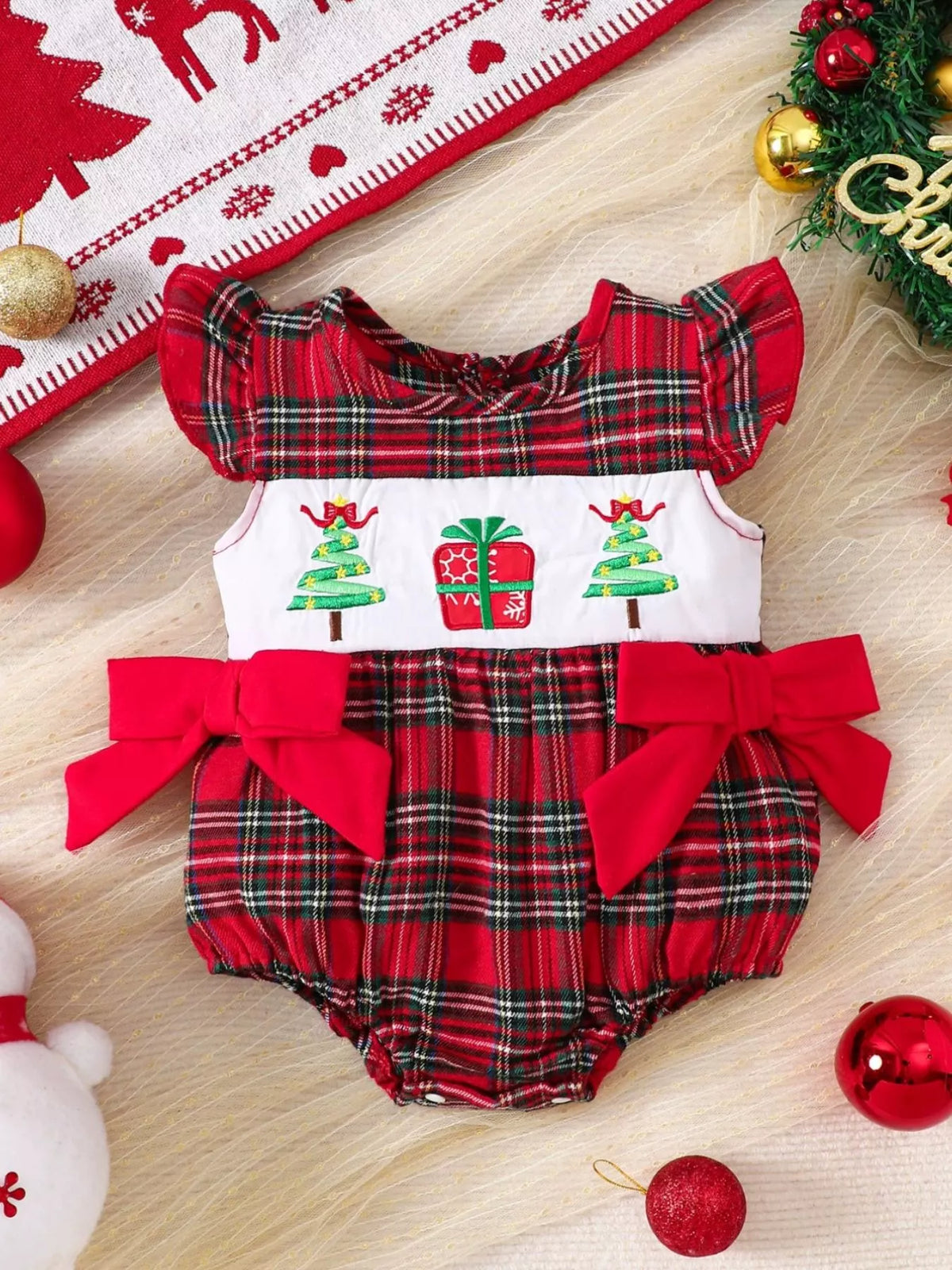Children's Christmas Plaid Ruffle Sleeve One-Piece