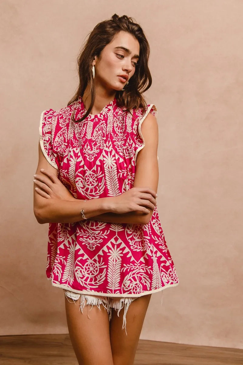 BiBi Printed Ruffle Sleeve Top