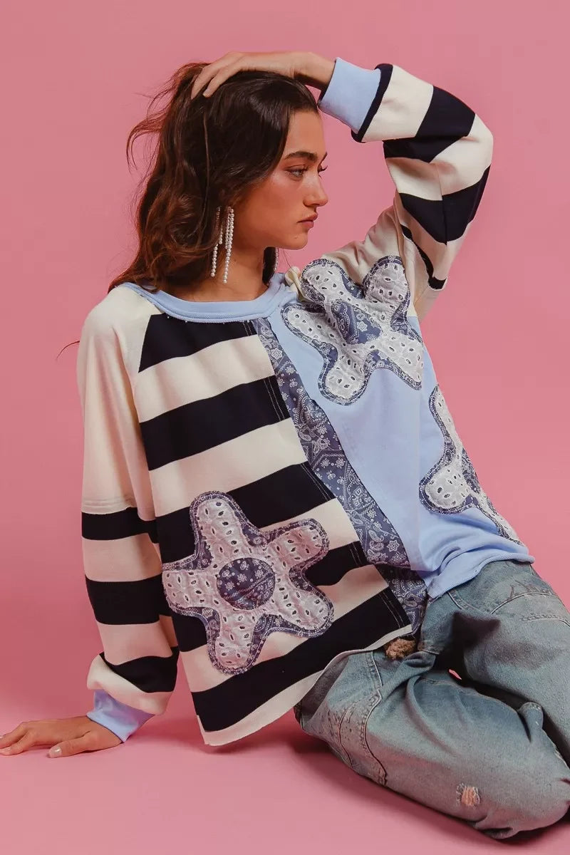 BiBi Patchwork Striped Round Neck Sweatshirt