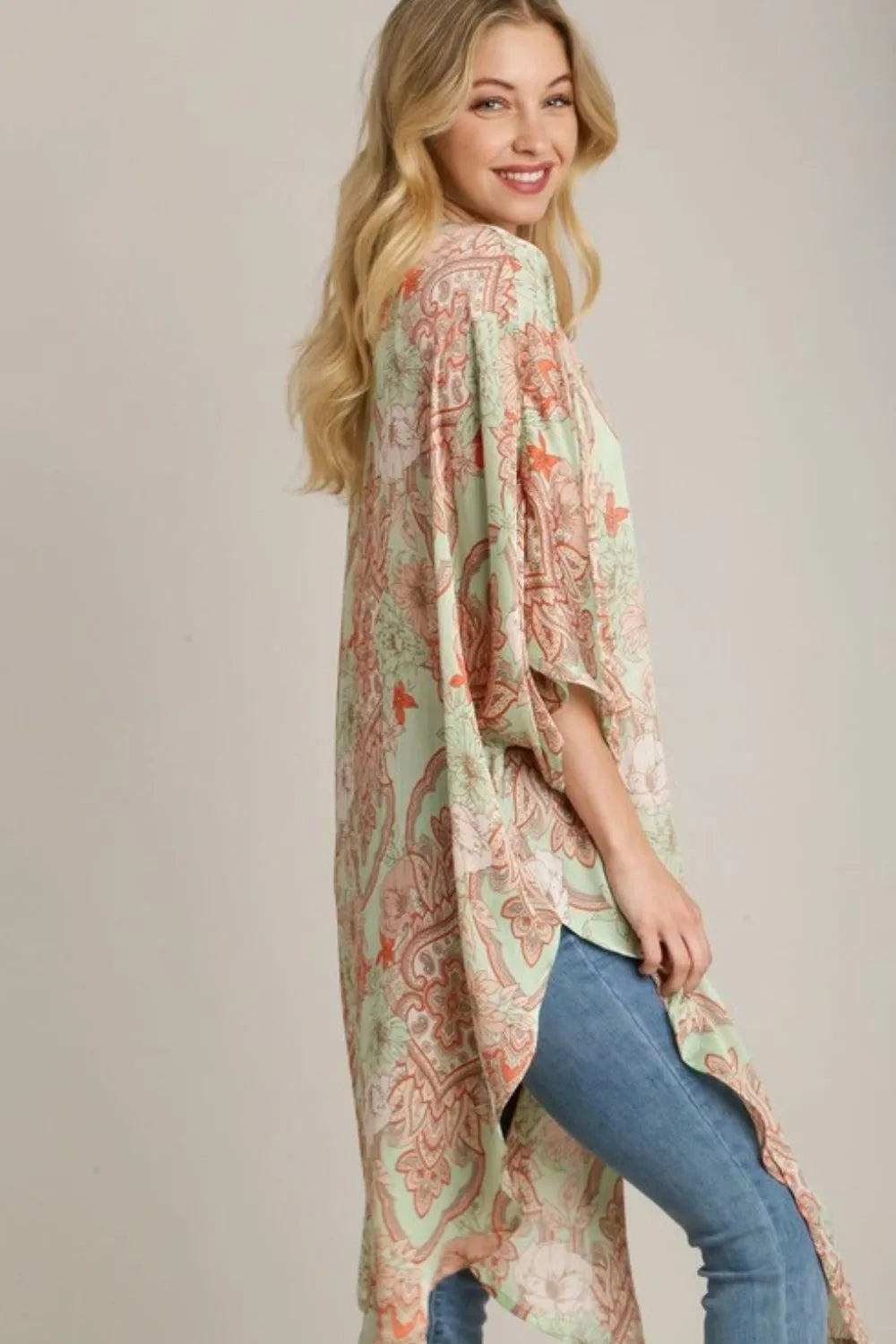 Umgee Full Size Mixed Print Open Front Kimono with Ruffle Sleeves Plus Size