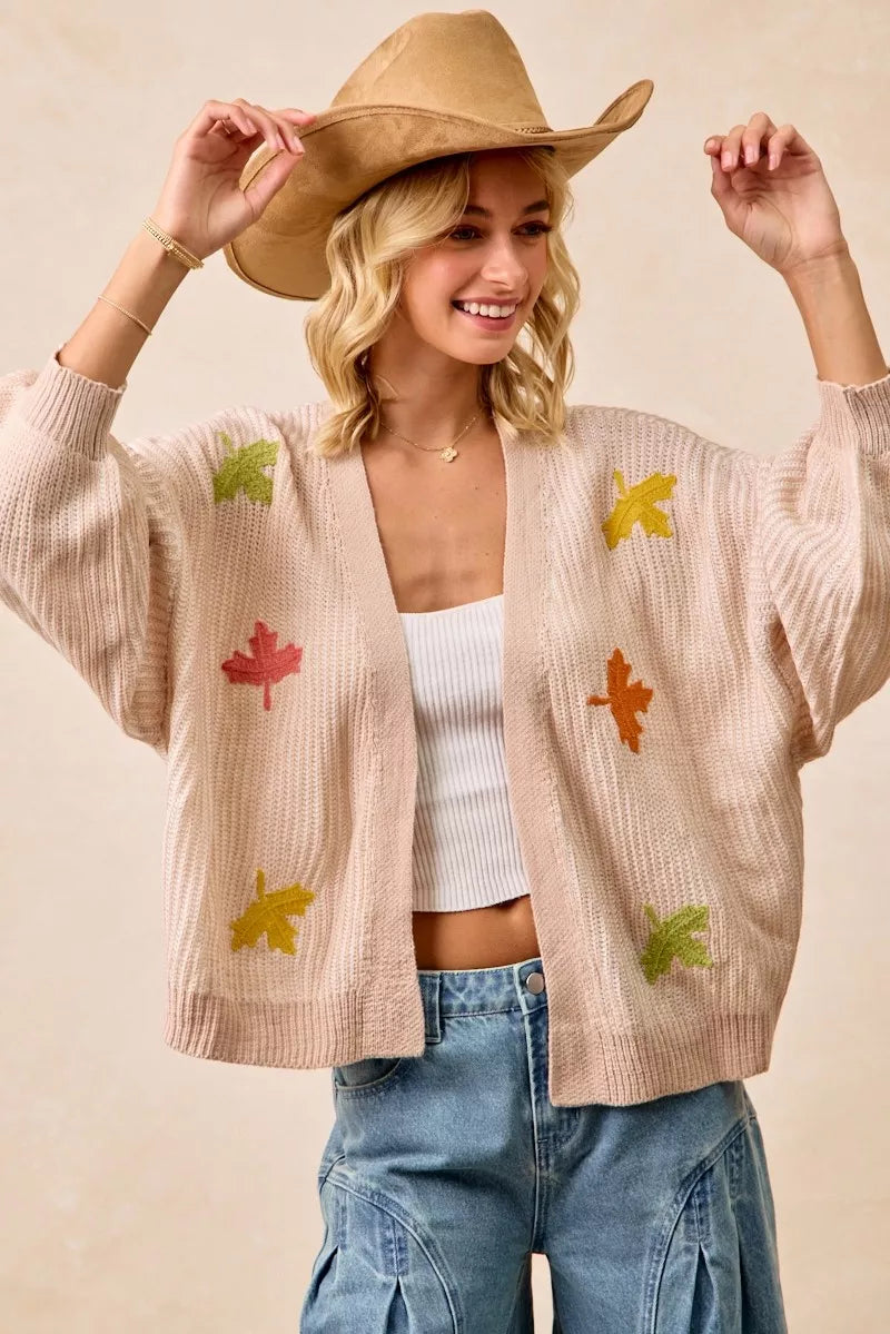 BiBi Two Tone Knit Cardigan with Leaf Patches