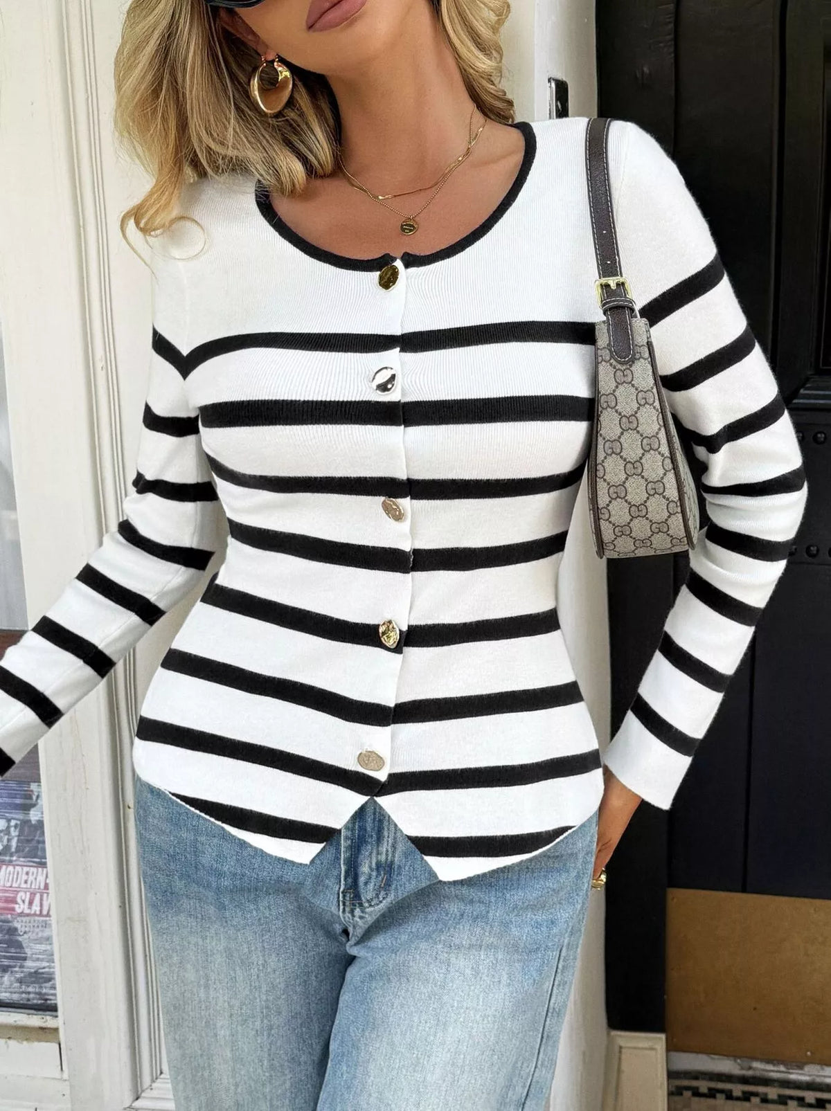 Striped Button-Up Knit Cardigan