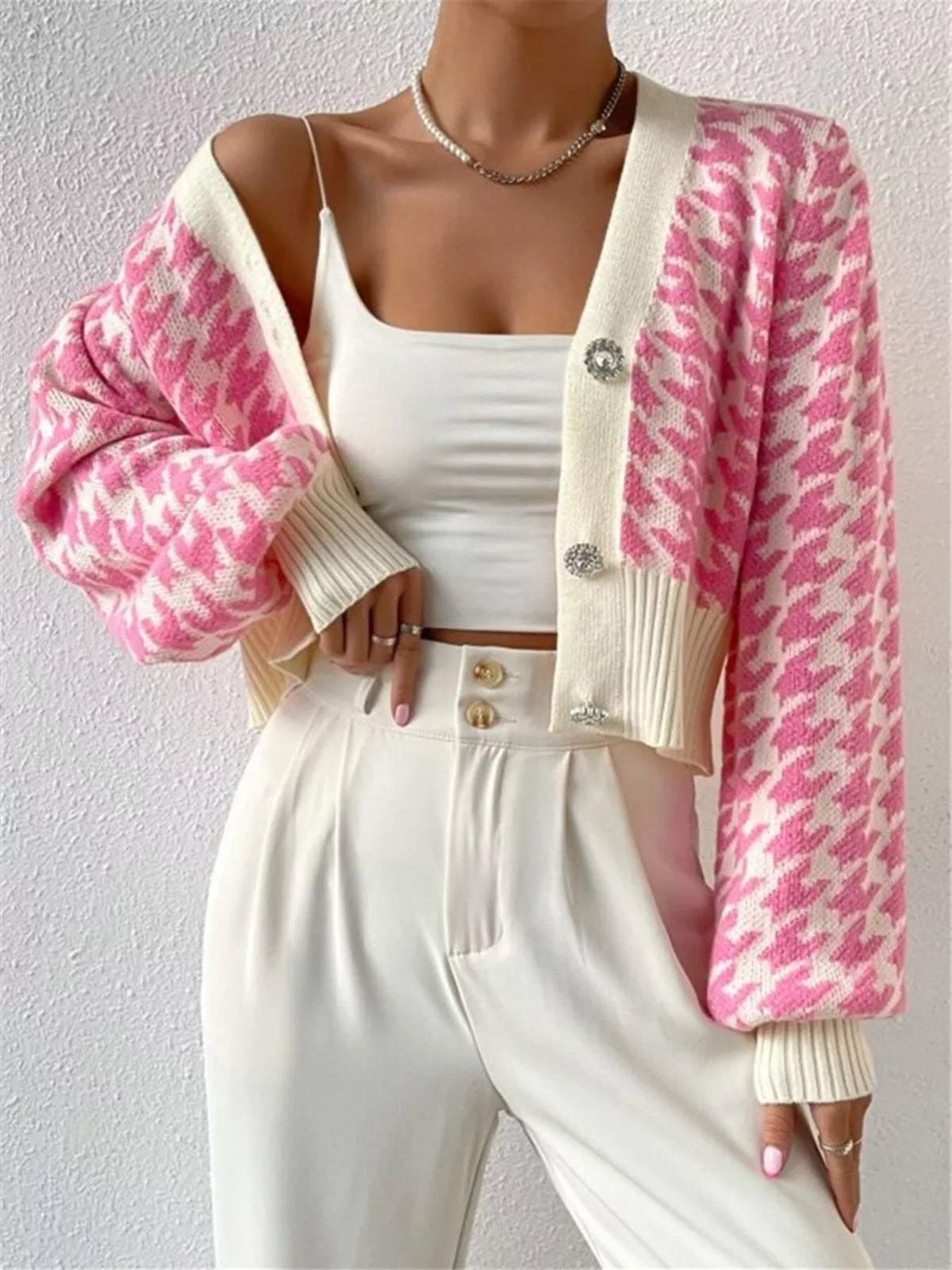 Houndstooth V-Neck Button Up Cardigan