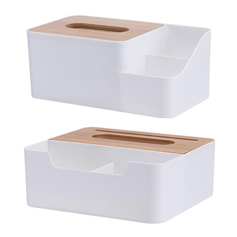 Multi-functional Plastic Tissue Box with Bamboo Wooden Cover Phone Slot Home Kitchen Napkin Case Holder Storage Decoration