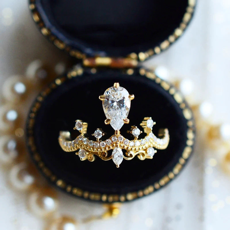 Vintage Crown Pear Cut Moissanite Ring