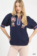 Umgee Embroidered Puff Sleeve Contrast Trim Top