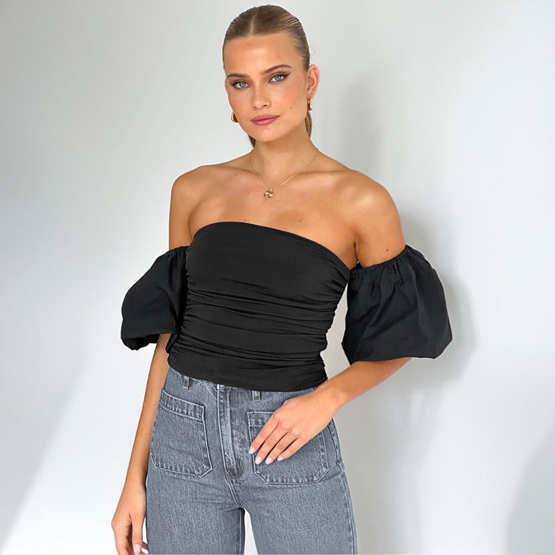 Cross-border Women's Summer New Pure Color Fitted Pleated Cap Sleeve Tube Top