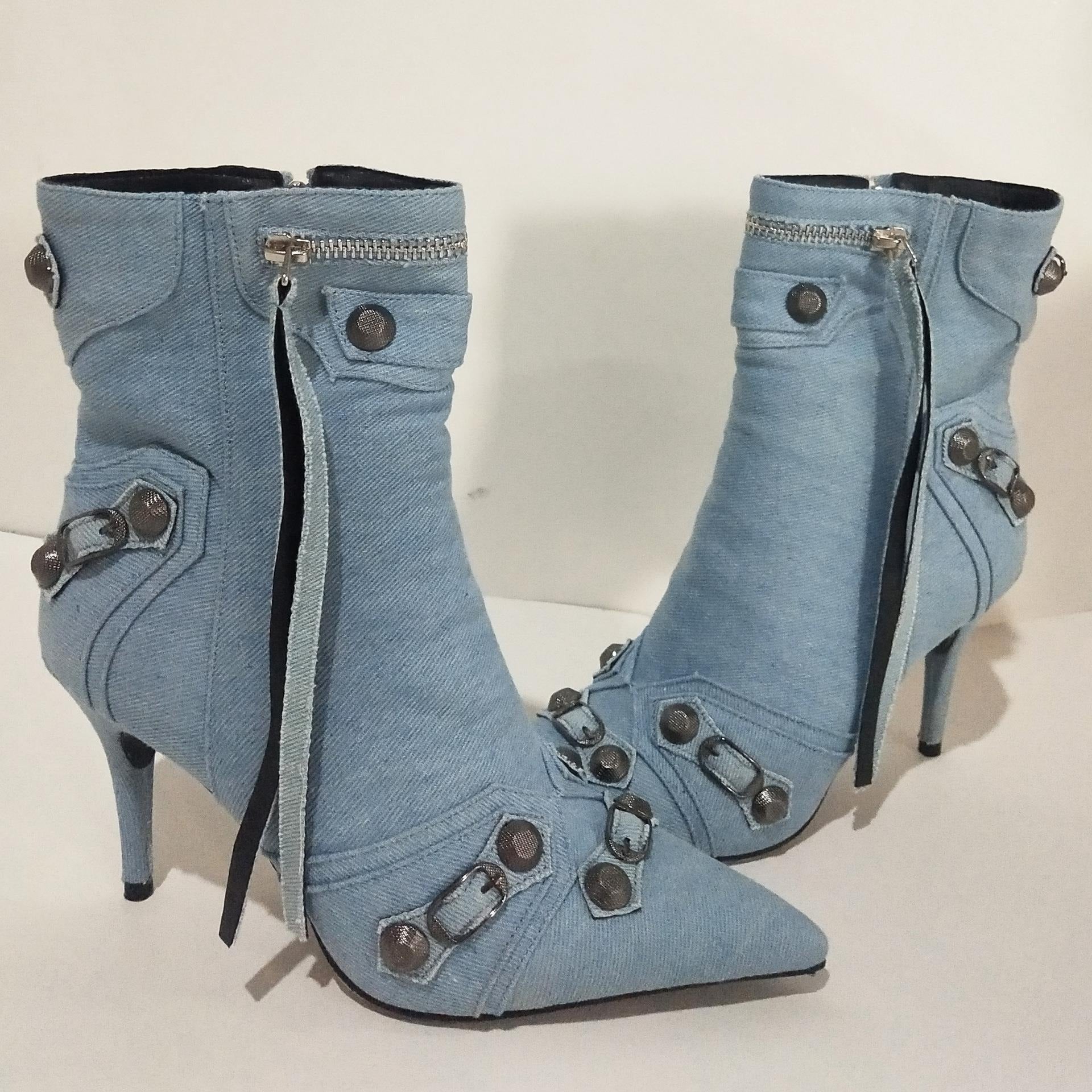 Metal Rivet Blue Denim Short Boots Silver Microfiber Leather Side Zipper Pin Buckle