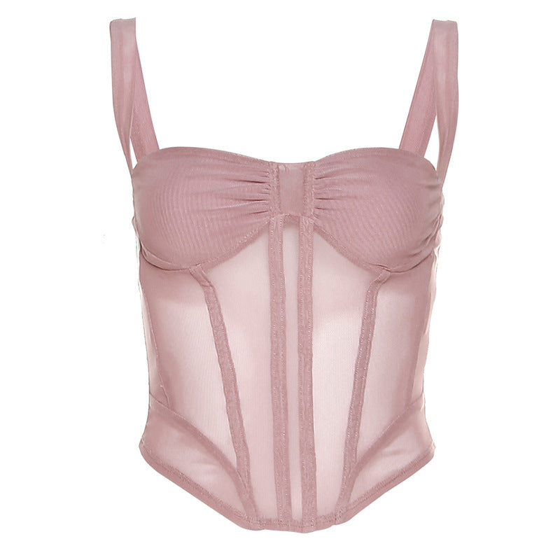 Fashion sheer mesh corset-style fitted sexy crop top for women