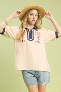 Umgee Embroidered Puff Sleeve Contrast Trim Top