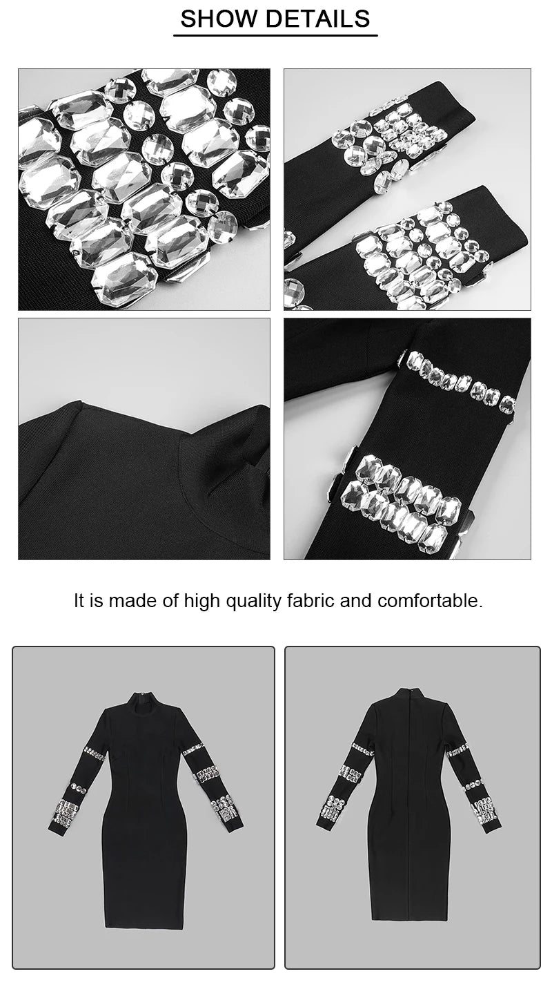 Luxury Party Dresses For Women Long Sleeve Gloves With Crystal Bandage Black Midi Dress Evening Gowns  Autumn Winter