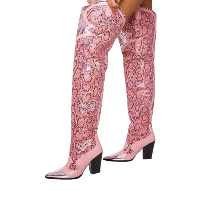 Women's Over-the-Knee Pink Snake Skin Boots
