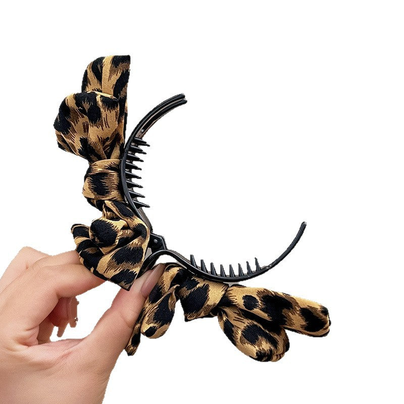 Leopard Print Bow Elegant Hair Clip for Ponytail and Bun, High-Tail Fixing Shark Clip for Women, Back of Head Hair Accessory