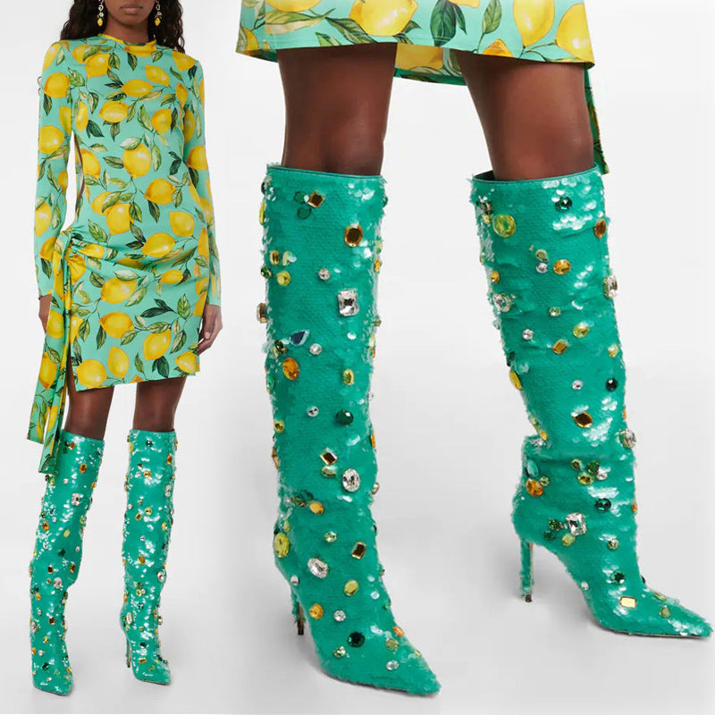 Gemstone Sequin Stiletto Knee-High Boots