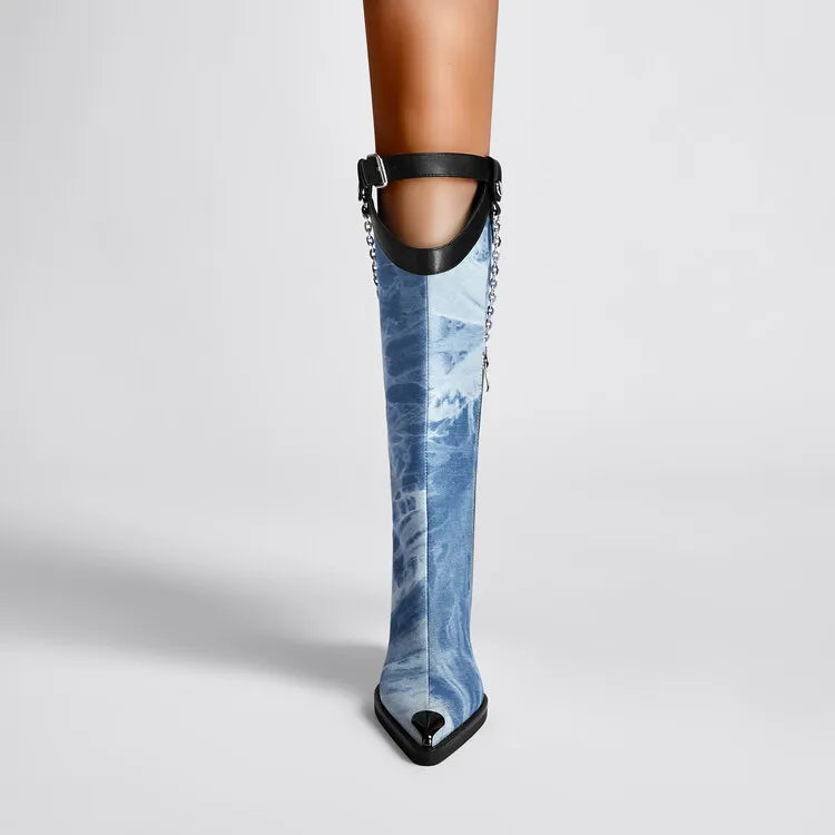 Women's New Fashion Pointed Thick High Heel Chain Buckle Sleeve Knee Length Boots European and American Banquet Shoes