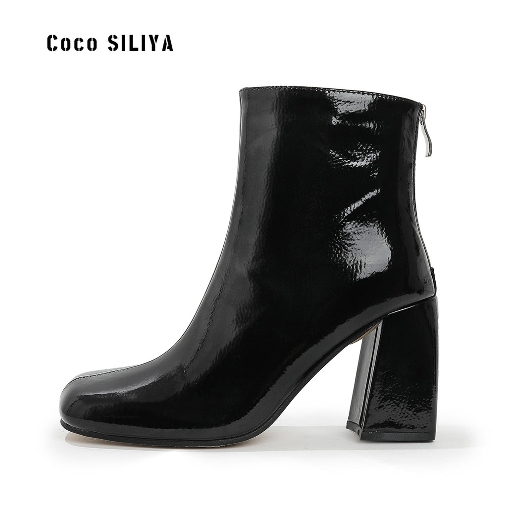 British Winter New Women's Medium Boots Thick Heel Square Head Medium High Heel Martin Boots
