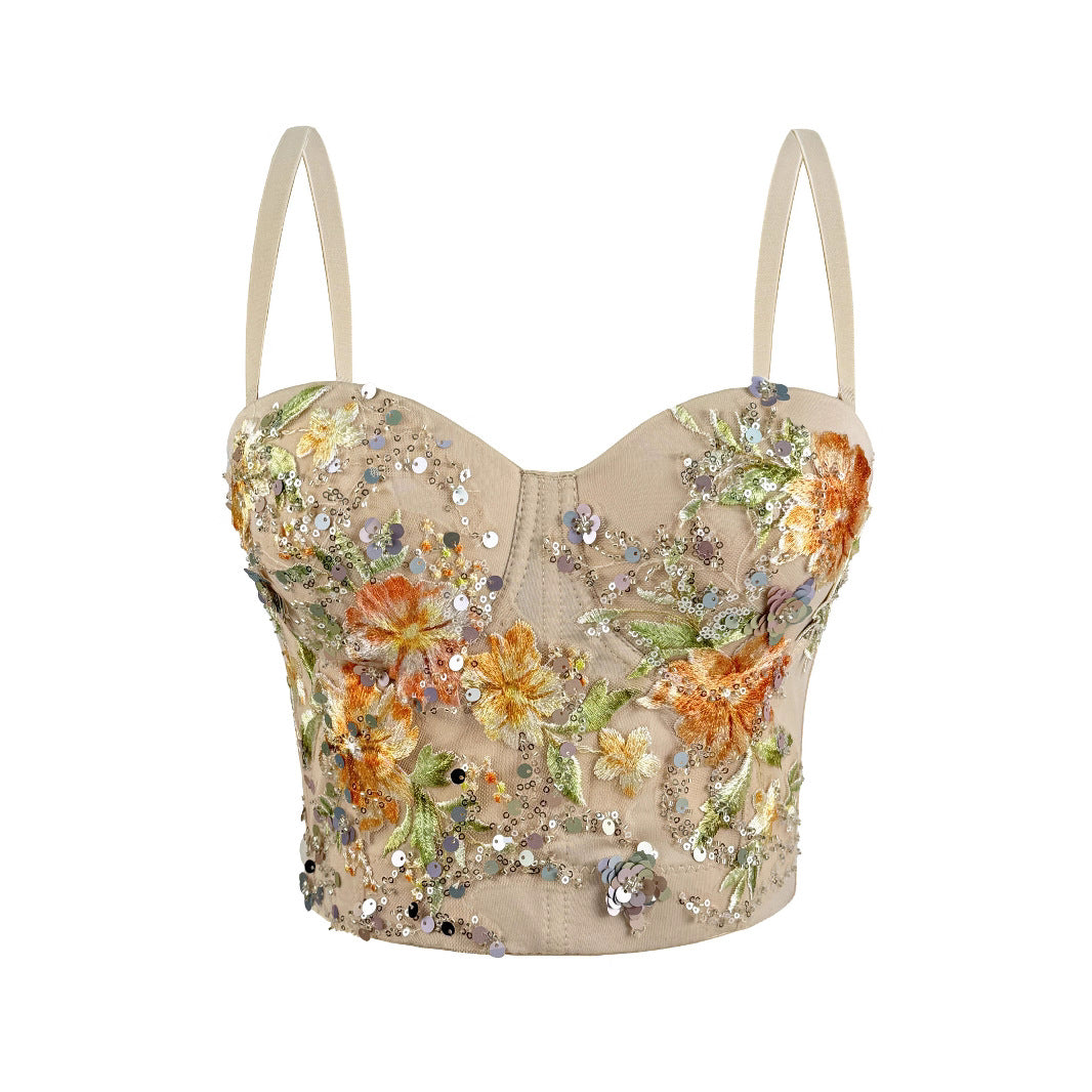 Handmade Embroidered Beaded Strapless Corset Vintage Outerwear Fitted Boned Top for Women