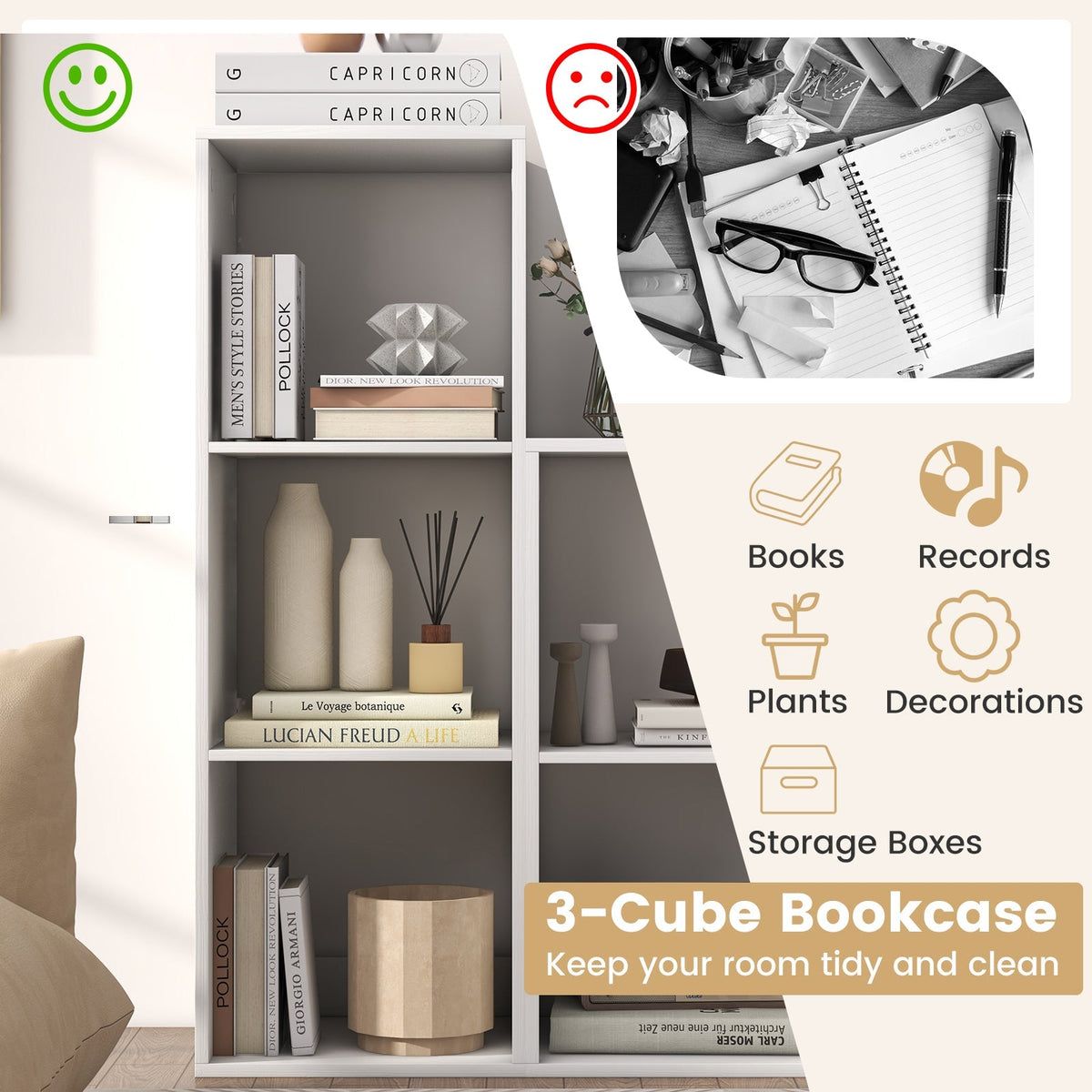 3 Cube Bookshelf with Back Guardrail for Living Room Bedroom