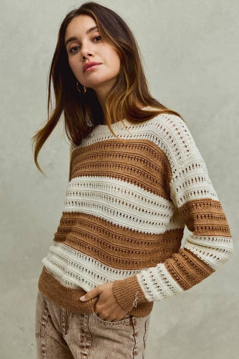 SO ME Openwork Round Neck Wide Stripe Textured Sweater