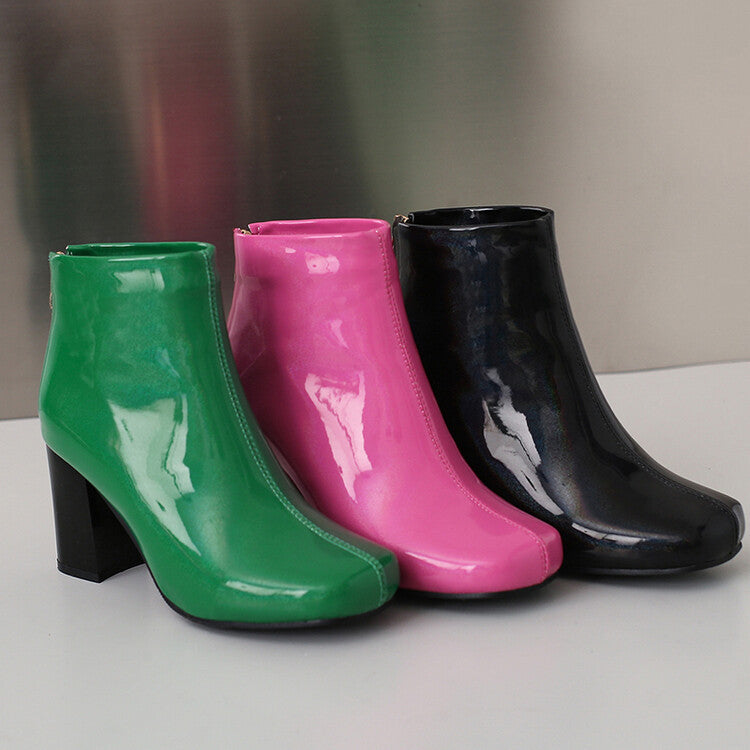 Solid Color Patent Leather High Heel Ankle Boots