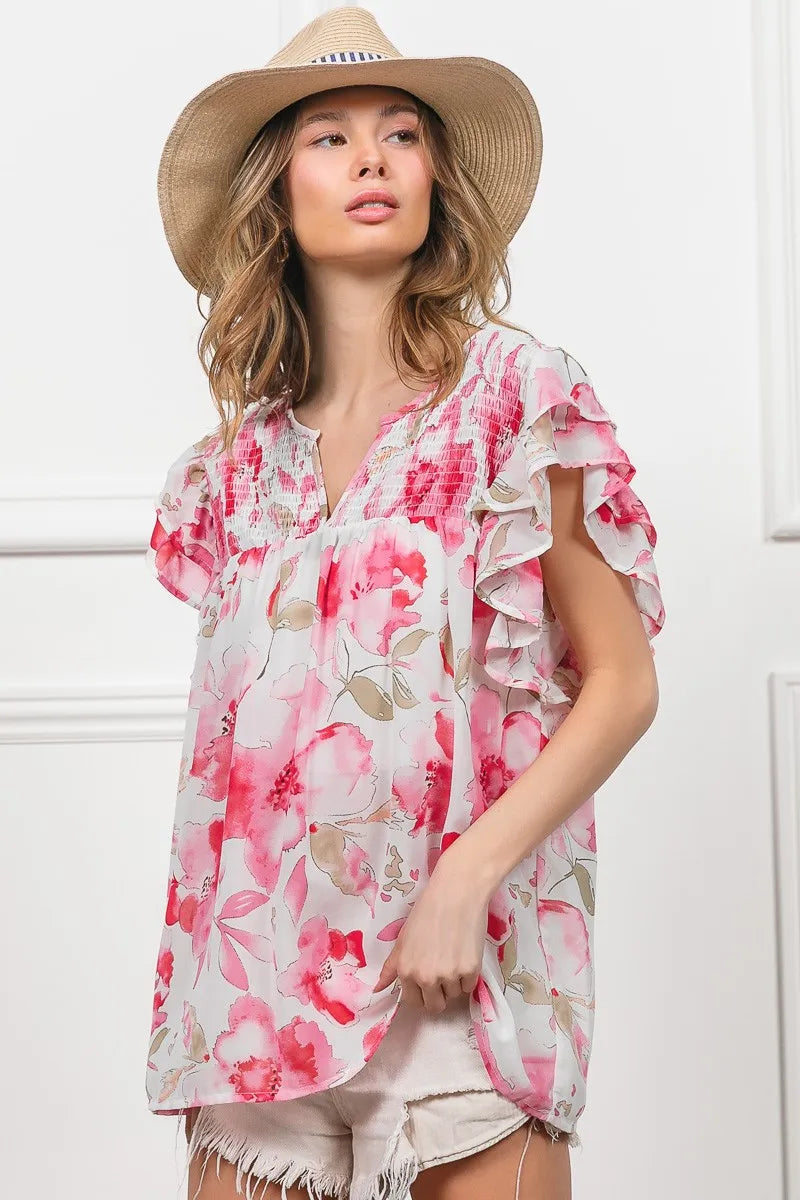 BiBi Floral Print Flutter Sheer Top