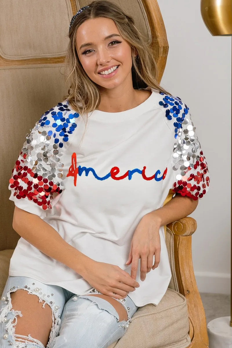 BiBi America Letter Applique Spangle Puff Sleeves Top
