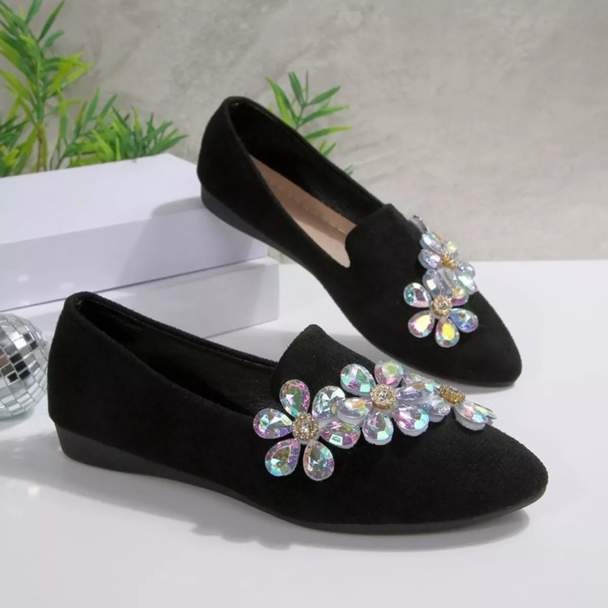 Rhinestone Point Toe Flats Slip-Ons