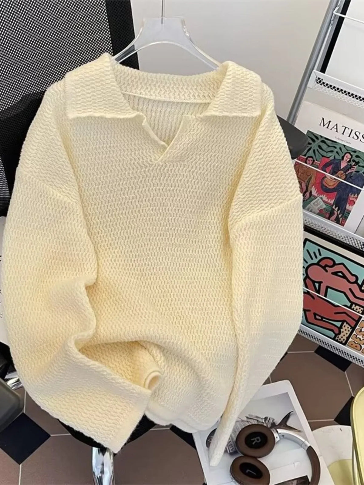 Men's Textured Knit Polo Collar Sweater