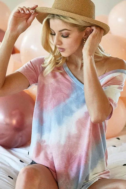 BiBi Tie Dye French Terry V Neck Top