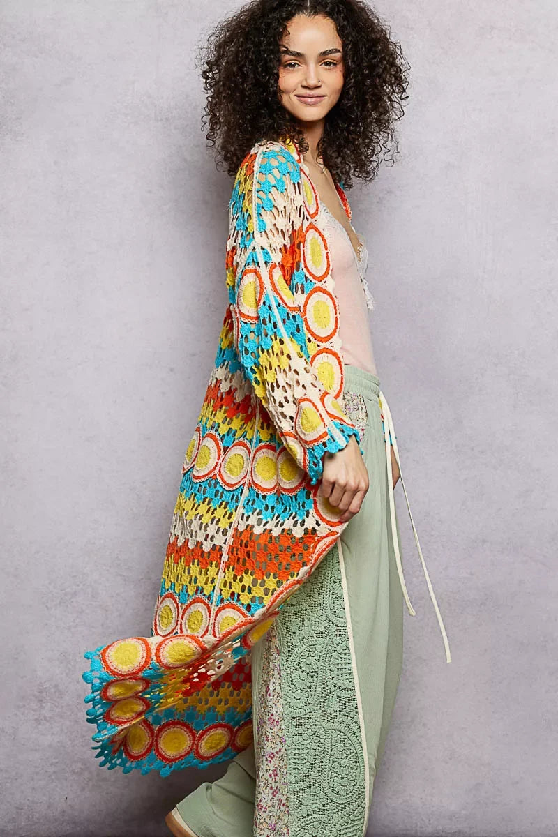 POL Scalloped Edge Open Front Crochet Cardigan with Colorful Stripe Pattern