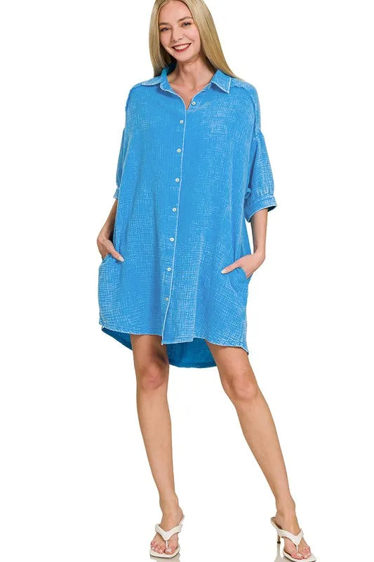 Zenana Washed Double Gauze Button Down Shirt Dress