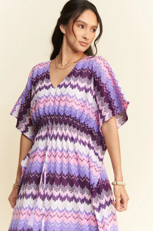 Davi & Dani Multi Color Wavy Tie Waist Flowy Sleeve Dress