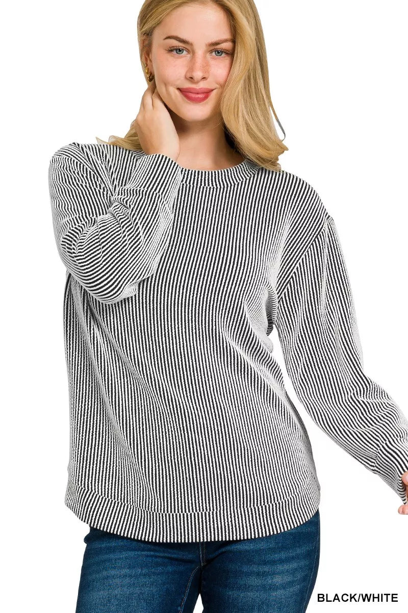 Zenana Full Size Raised Rib Round Neck Long Sleeve Top Plus Size