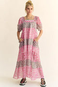 Davi & Dani Multi Floral Square Neck Puff Sleeve Maxi Dress