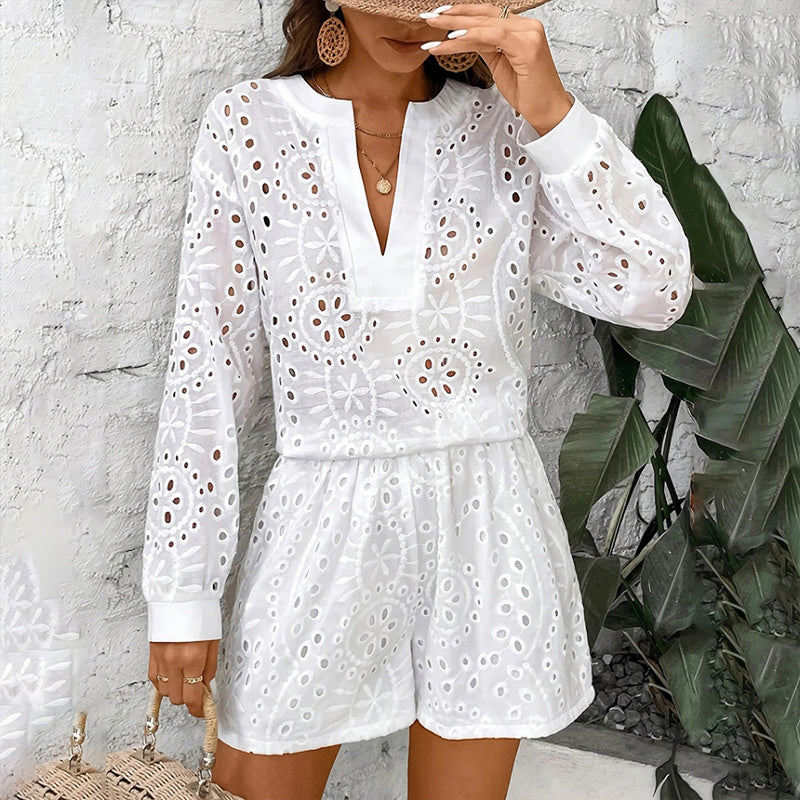 Women's Solid Color Elegant V-Neck Lace Long Sleeve Blouse & Shorts Set