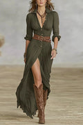 Women's V-Neck Cinched Waist Maxi Dress, Button-Down Long Sleeve Vintage Dress