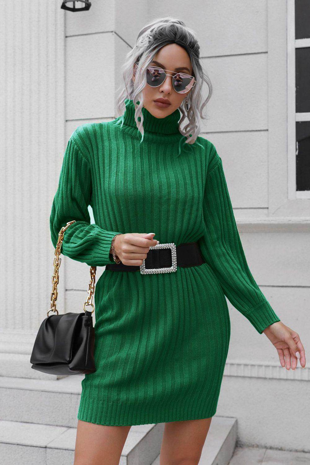 Ribbed Turtle Neck Long Sleeve Mini Sweater Dress for Women