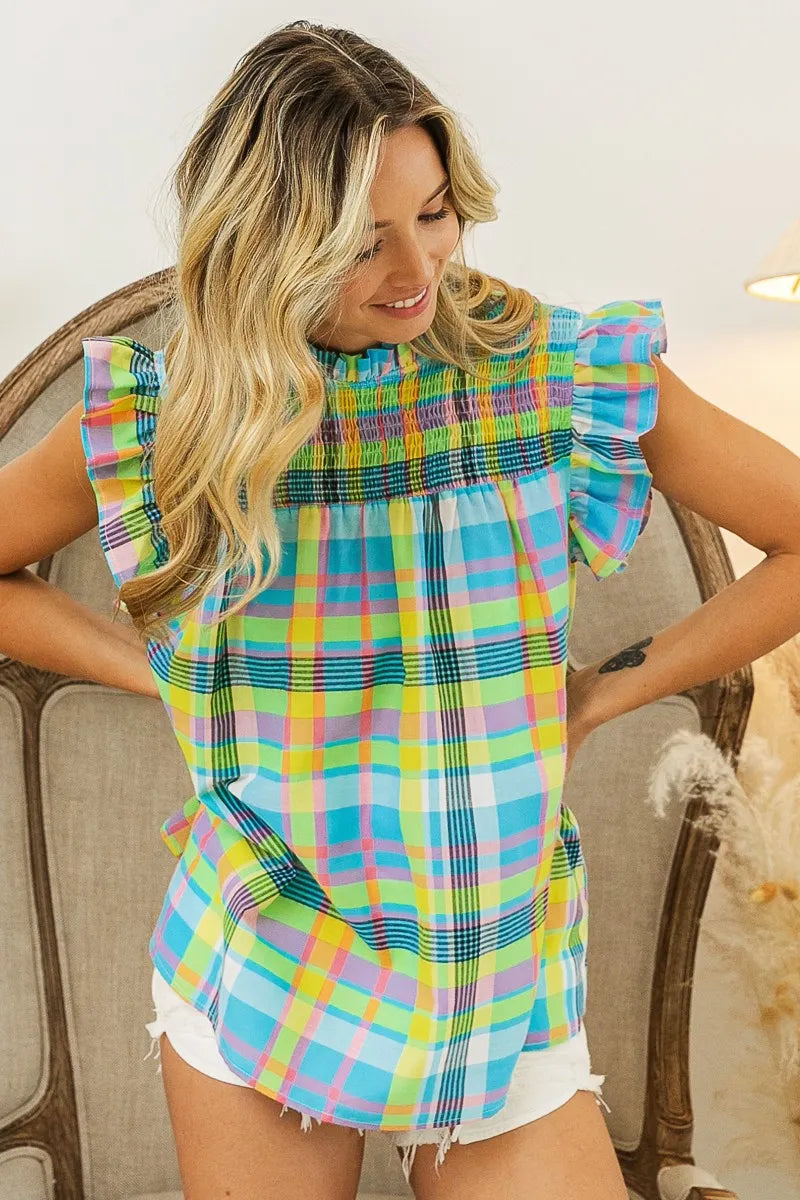 BiBi Multi Color Check Plaid Woven Top