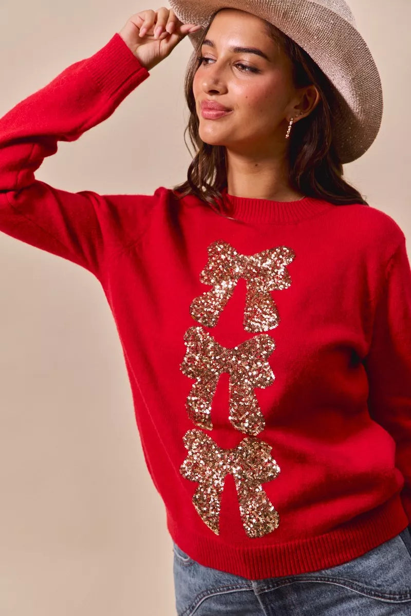 SO ME Sequins Bow Ribbon Embellished Christmas Sweater