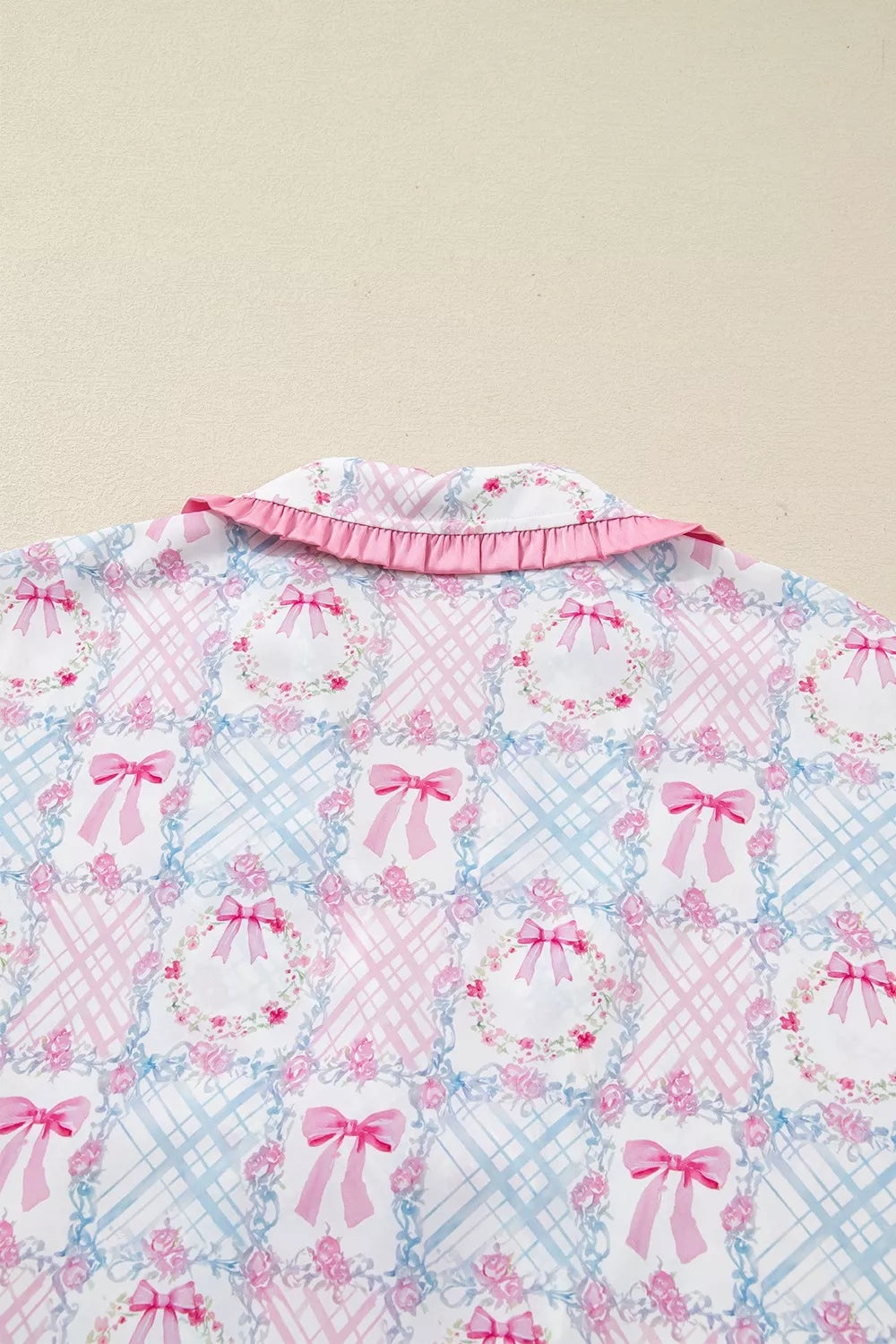 Wreath Pattern Christmas Tied Front Long Sleeve 2pcs Pajama Set