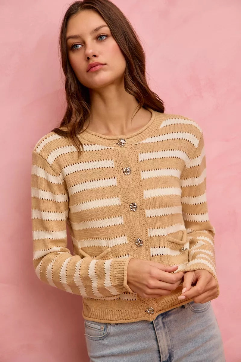 SO ME Stripe Long Sleeves Button Sweater Cardigan