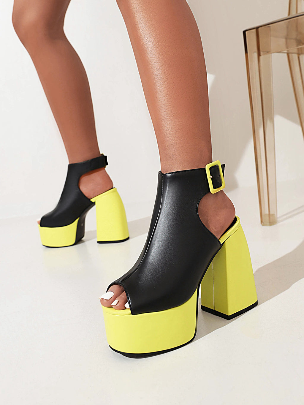 Spring And Summer New Fish Mouth Waterproof Platform Thick Bottom Back Empty Square Buckle High-Heeled Cool Boots Women