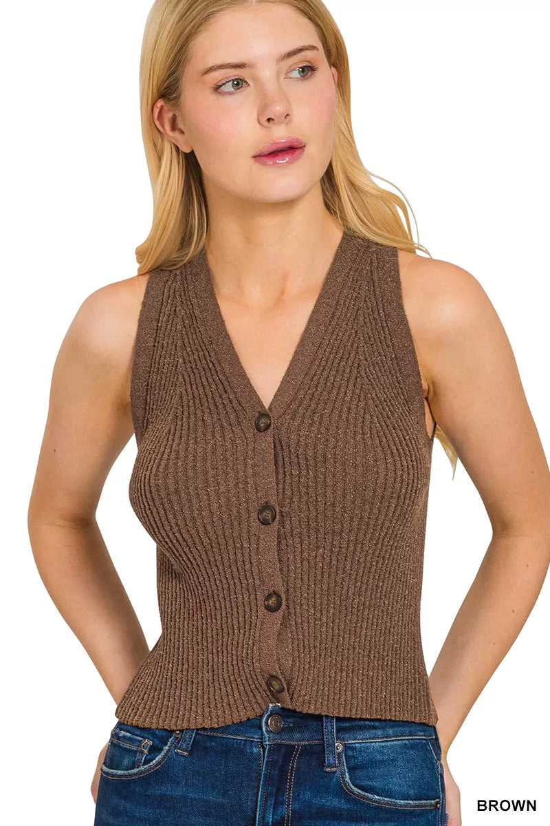 Zenana Ribbed Knit Button-Down Sweater Vest