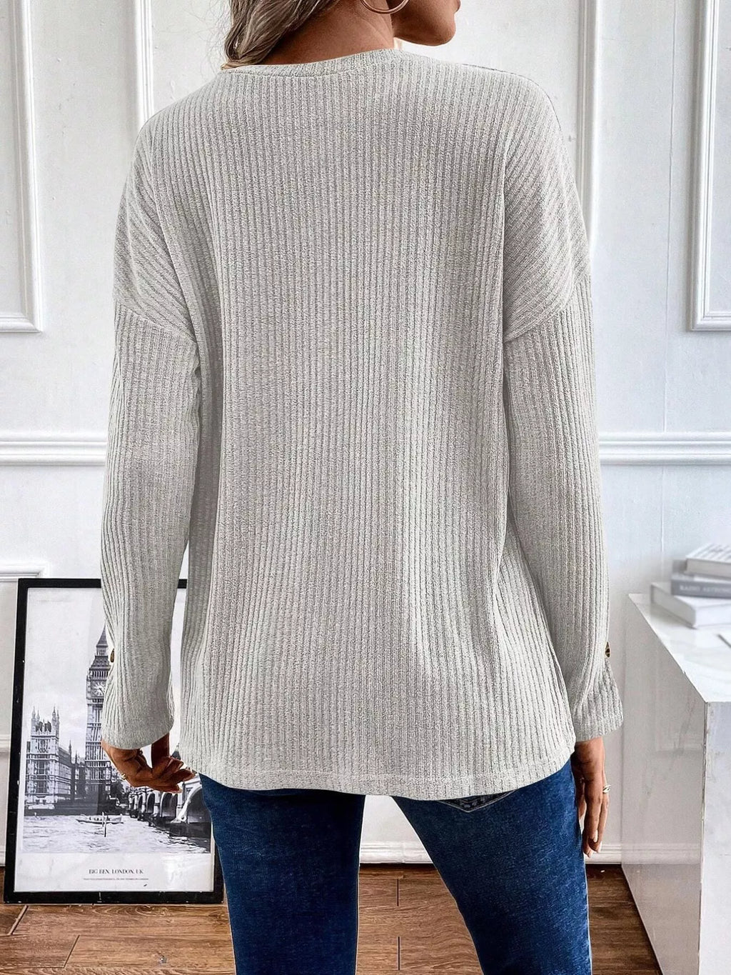 Ribbed Knit Button Detail Long Sleeve T-Shirt