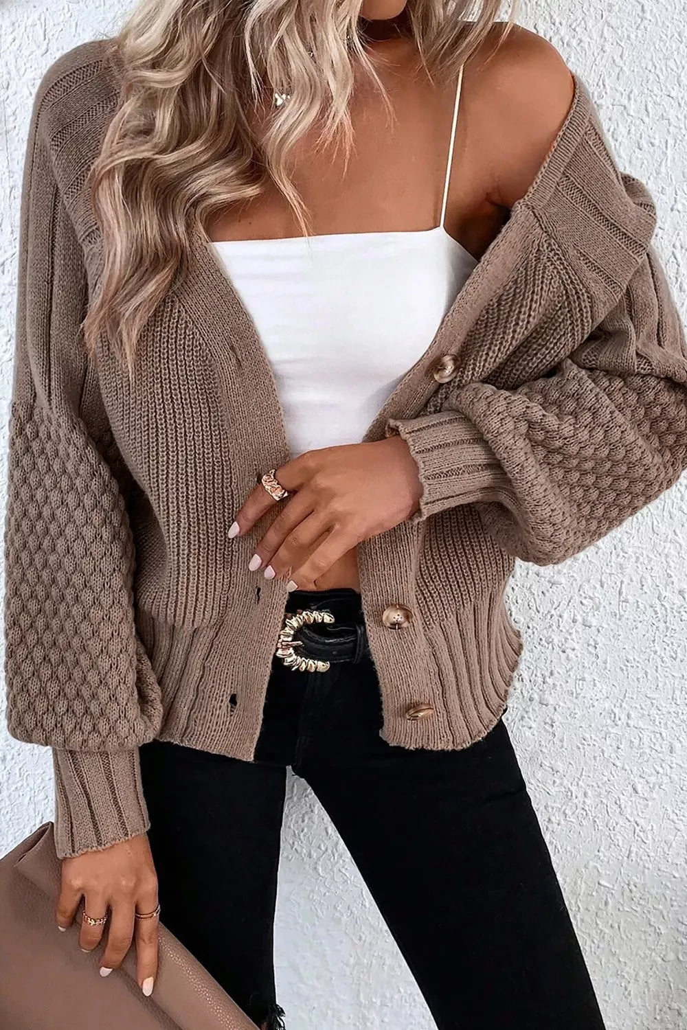 Mixed Texture Knit Button V Neck Sweater Cardigan