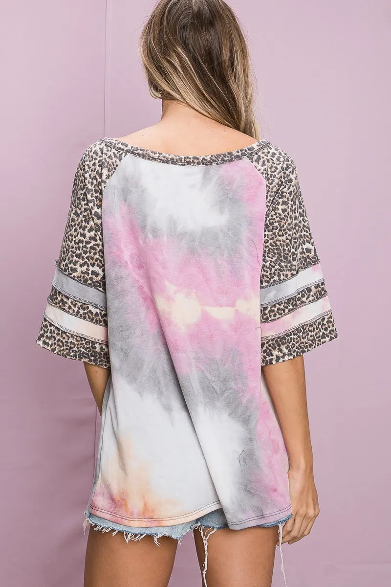 BiBi Tiedye French Terry with Leopard Sleeve Top